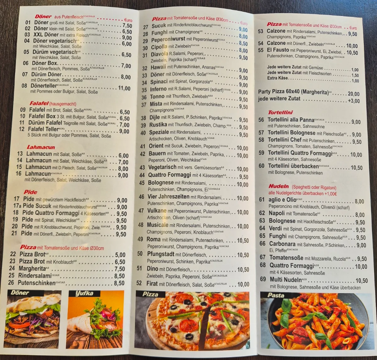 Speisekarte, Dino Döner Pizzeria 2