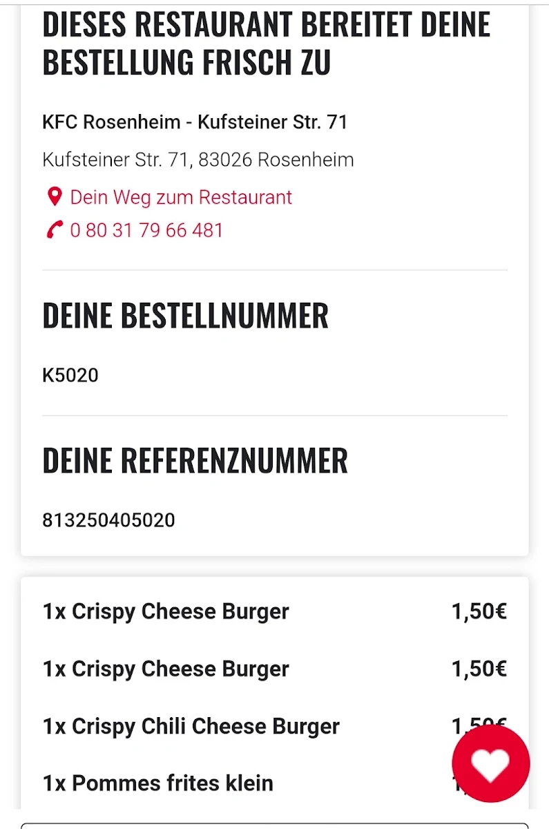 Speisekarte, Kentucky Fried Chicken