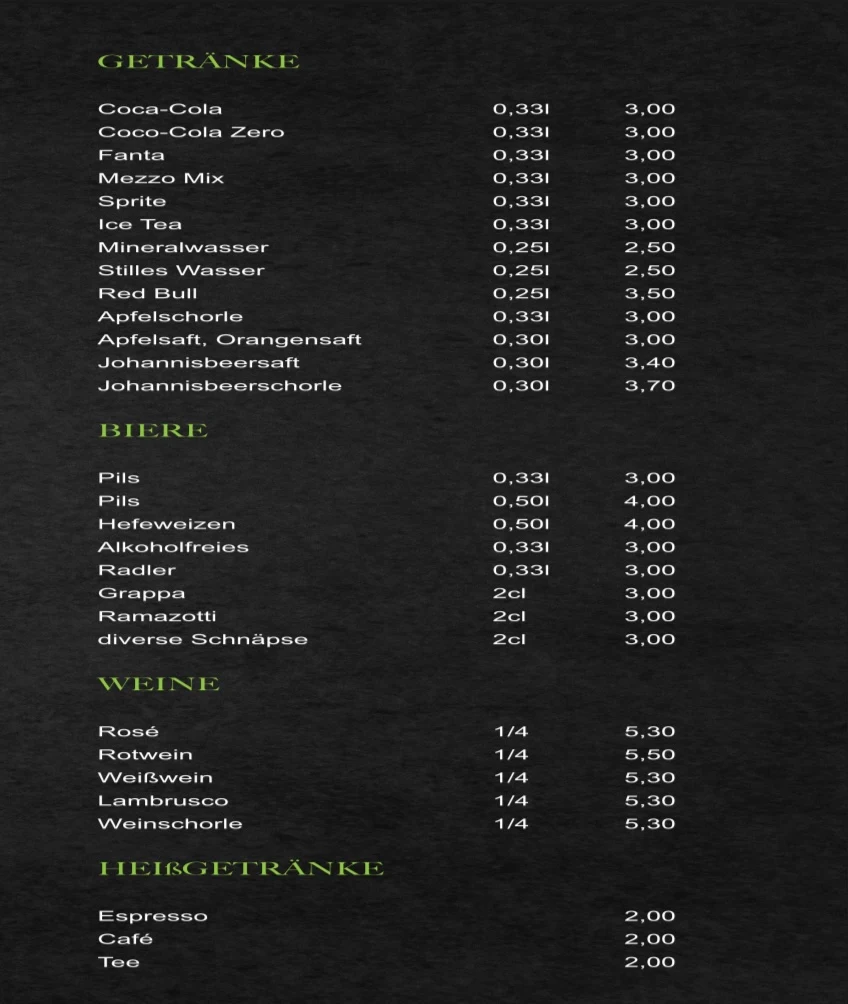 Speisekarte, Pizzeria Mamma Mia