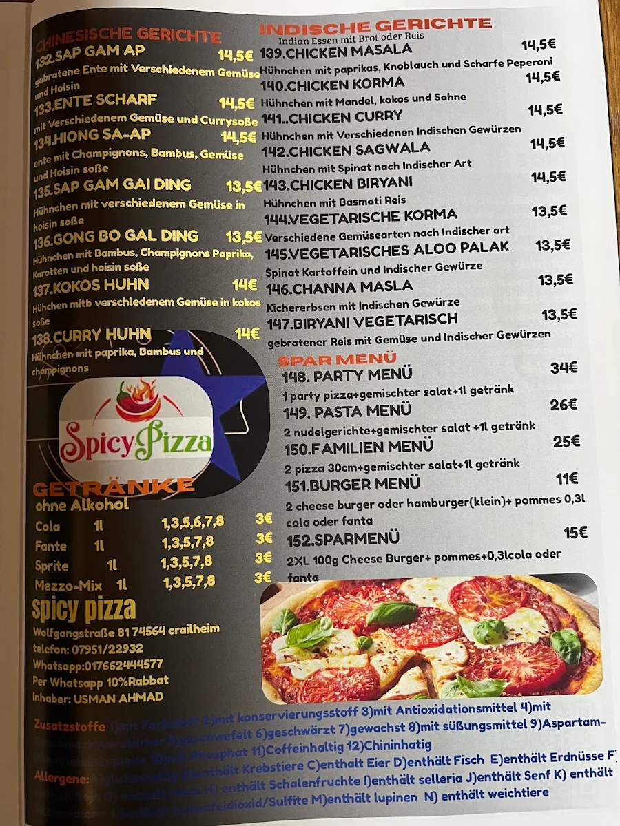 Speisekarte, spicy pizza