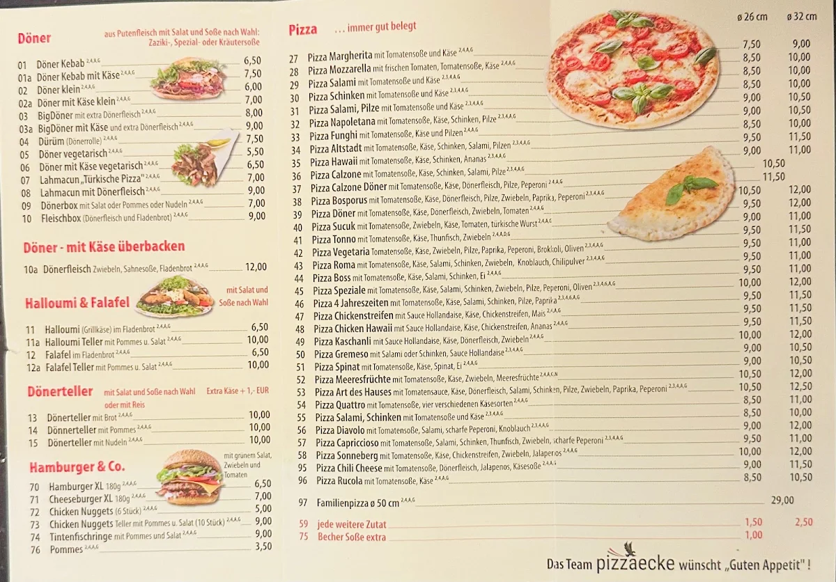 Speisekarte, Pizzaecke Sonneberg