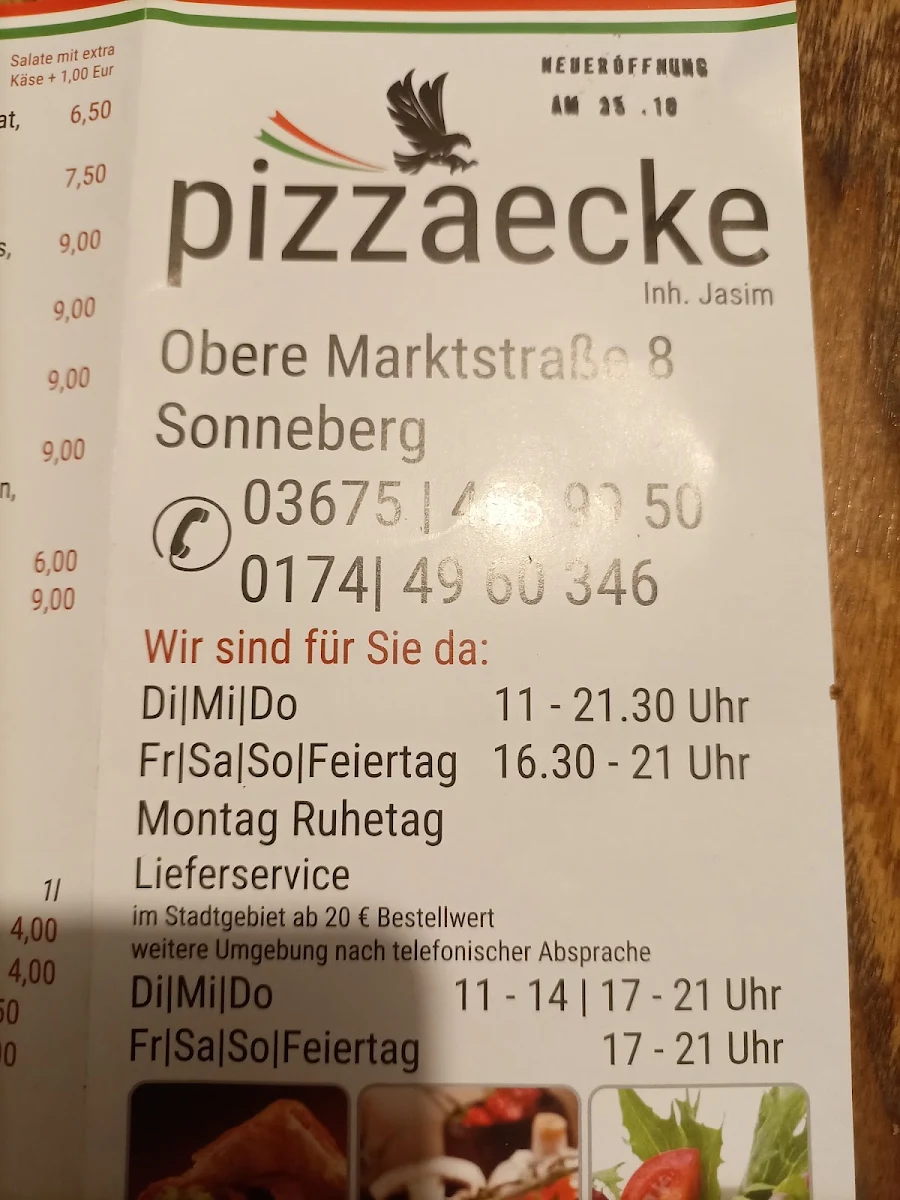Speisekarte, Pizzaecke Sonneberg