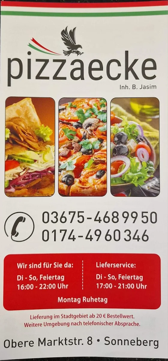 Speisekarte, Pizzaecke Sonneberg