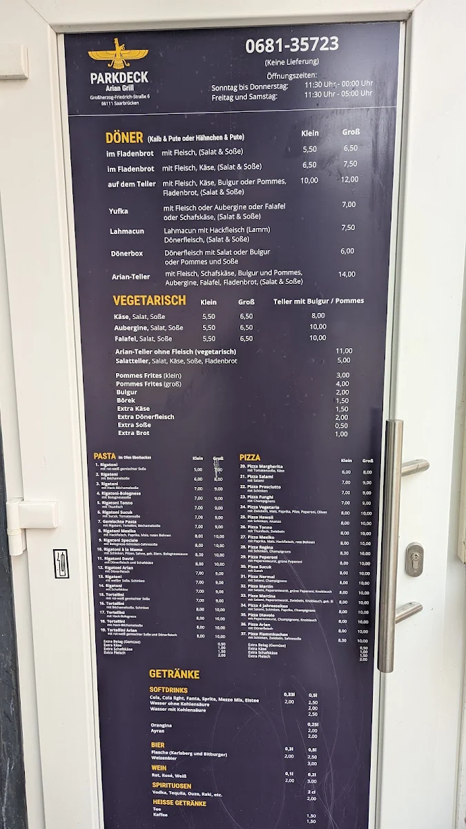 Speisekarte, Arian Grill / Parkhausgrill