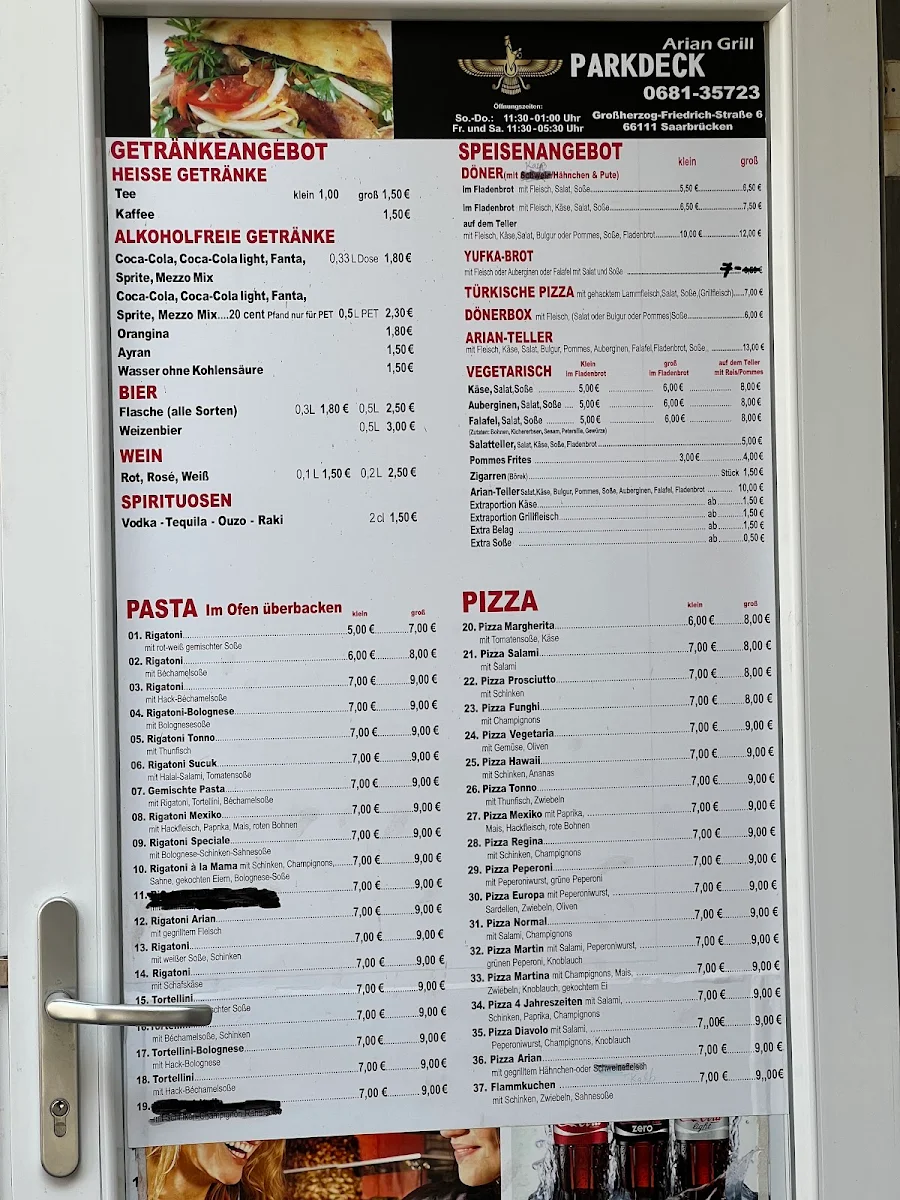 Speisekarte, Arian Grill / Parkhausgrill