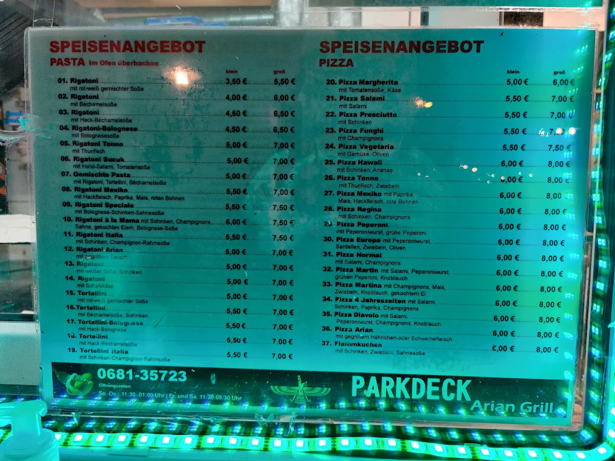 Speisekarte, Arian Grill / Parkhausgrill