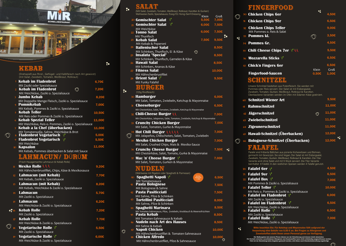 Speisekarte, MiR Schnellrestaurant