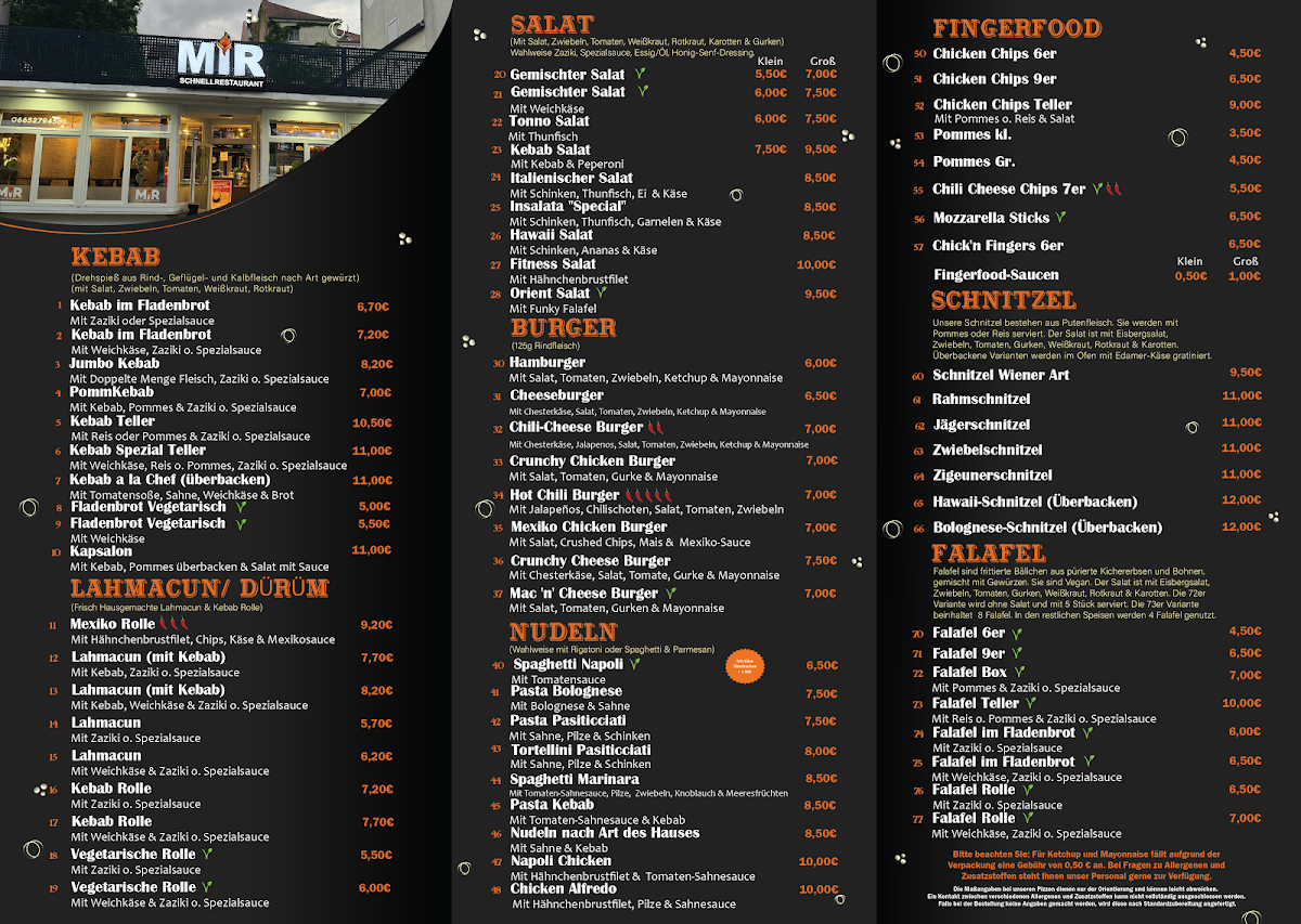 Speisekarte, MiR Schnellrestaurant