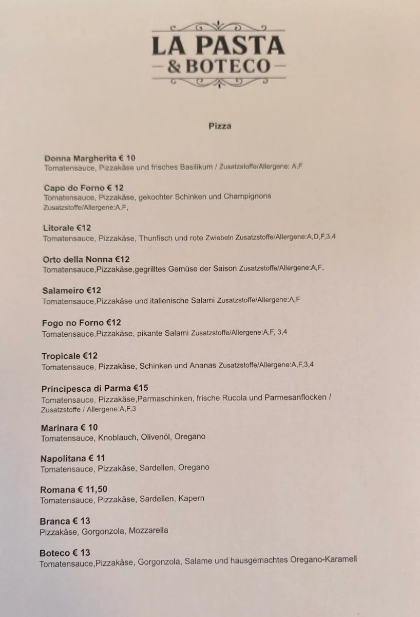 Speisekarte, La Pasta Pizzeria - Wertheim