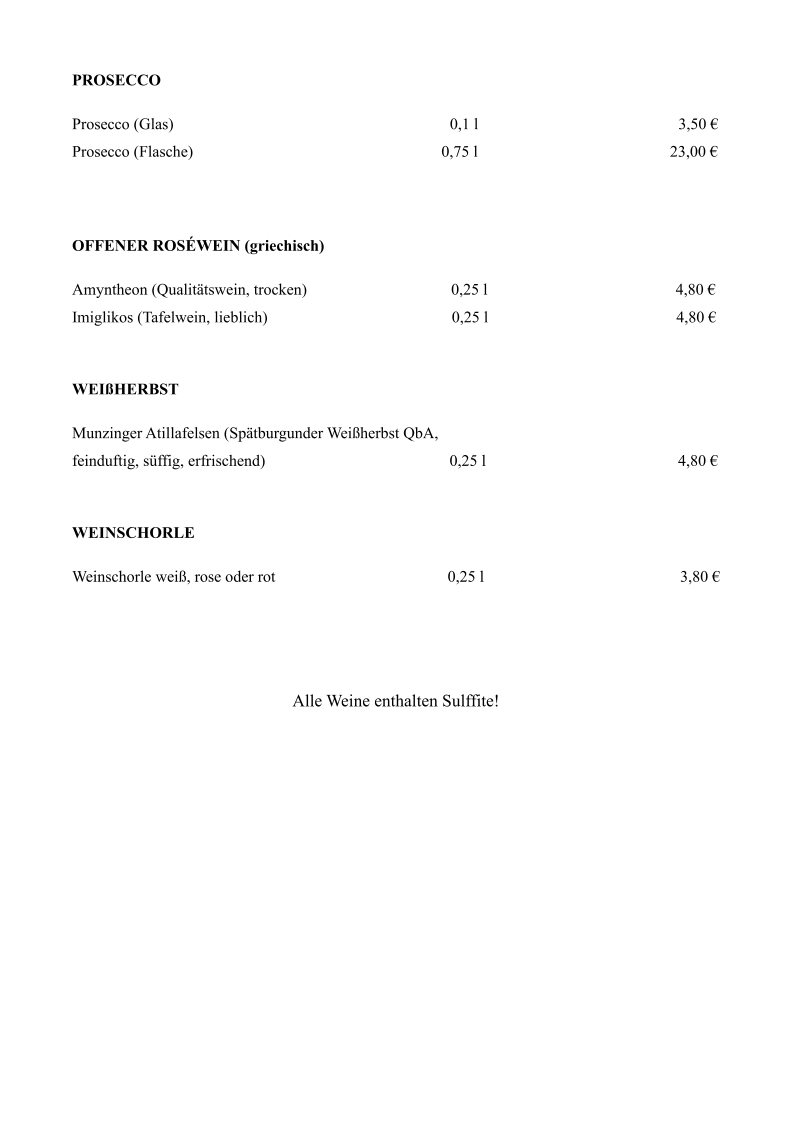 Speisekarte, TSG Jahnhaus