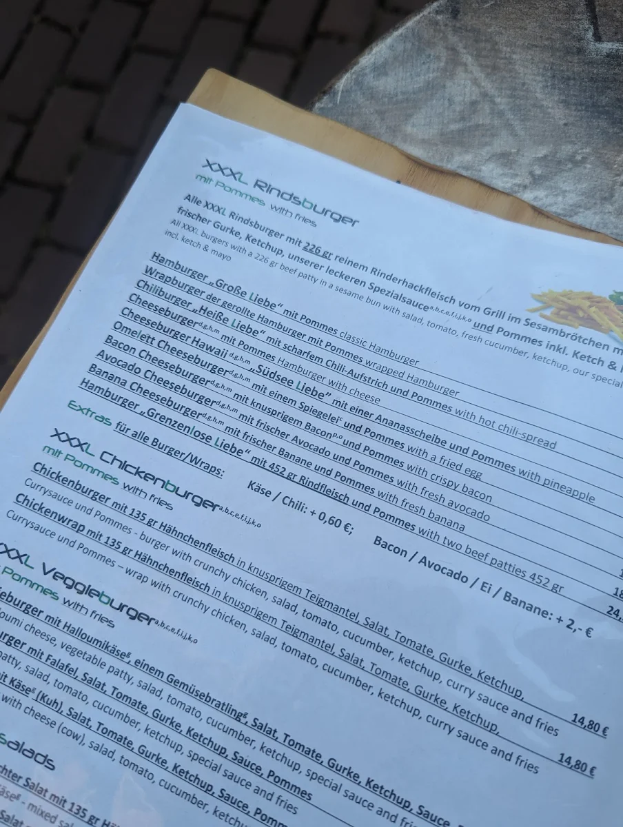 Speisekarte, Große Liebe - Burger & Bar I Café