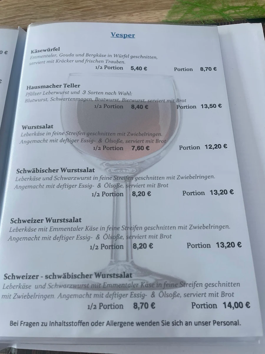 Speisekarte, Harry Reichert - Spezialitäten aus der Pfalz - Weinlounge & Hofladen