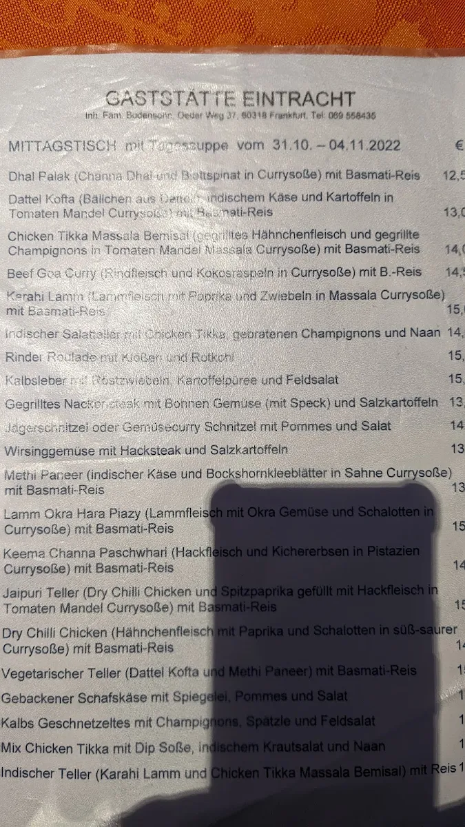 Speisekarte, Gaststätte Eintracht Frankfurt