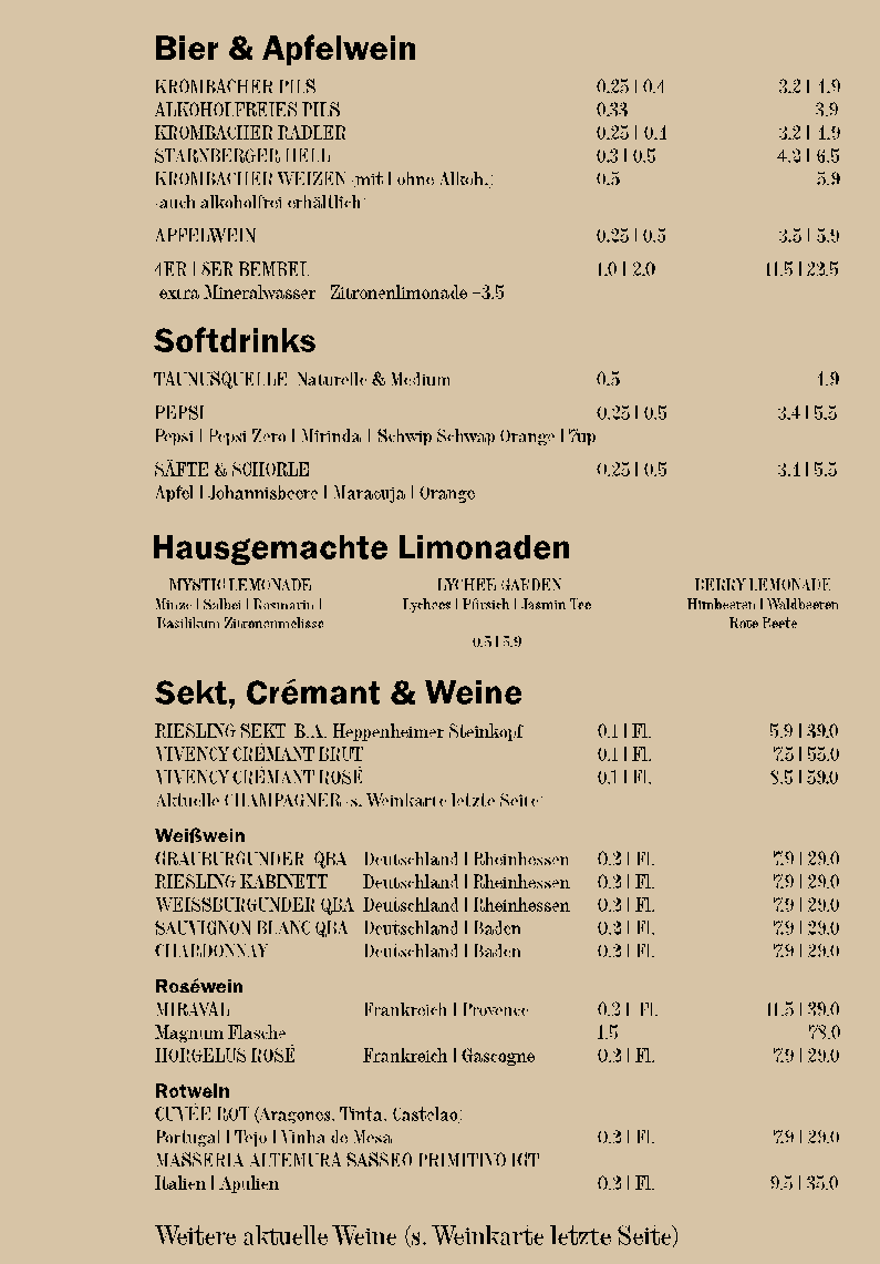 Speisekarte, Frankfurter Haus