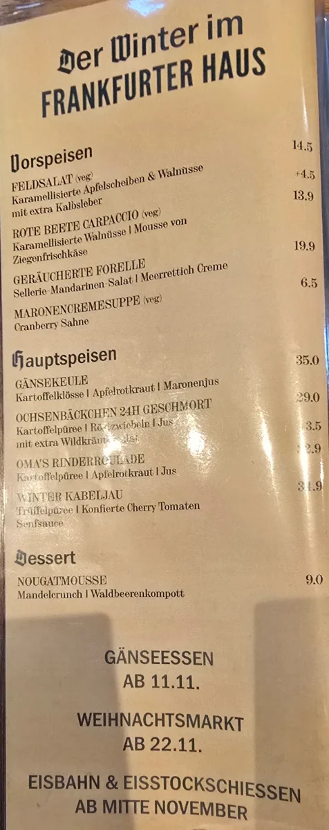Speisekarte, Frankfurter Haus