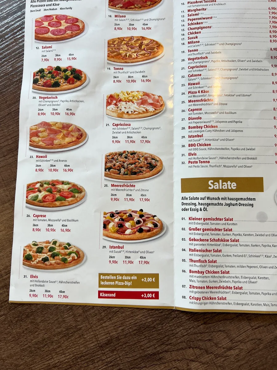 Speisekarte, Heimat Pizza
