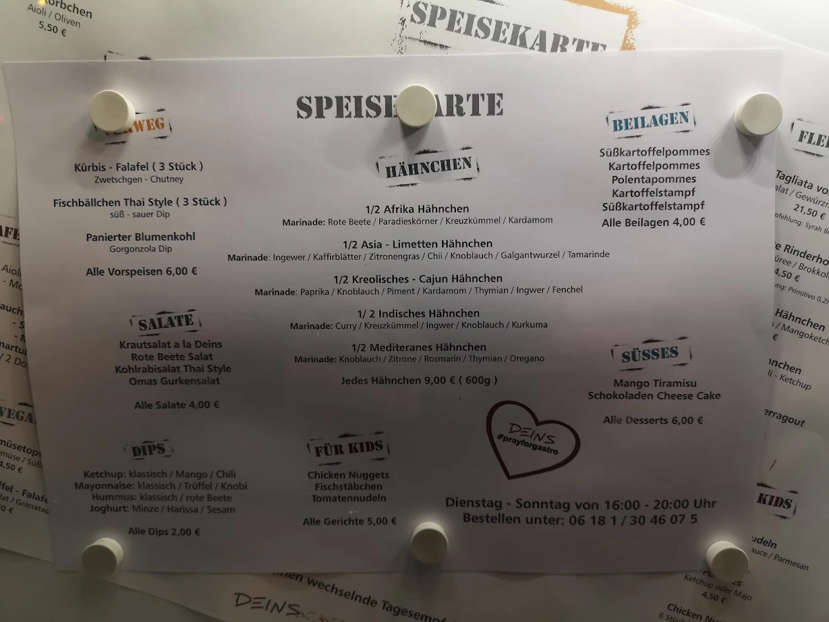 Speisekarte, Deins Restaurant