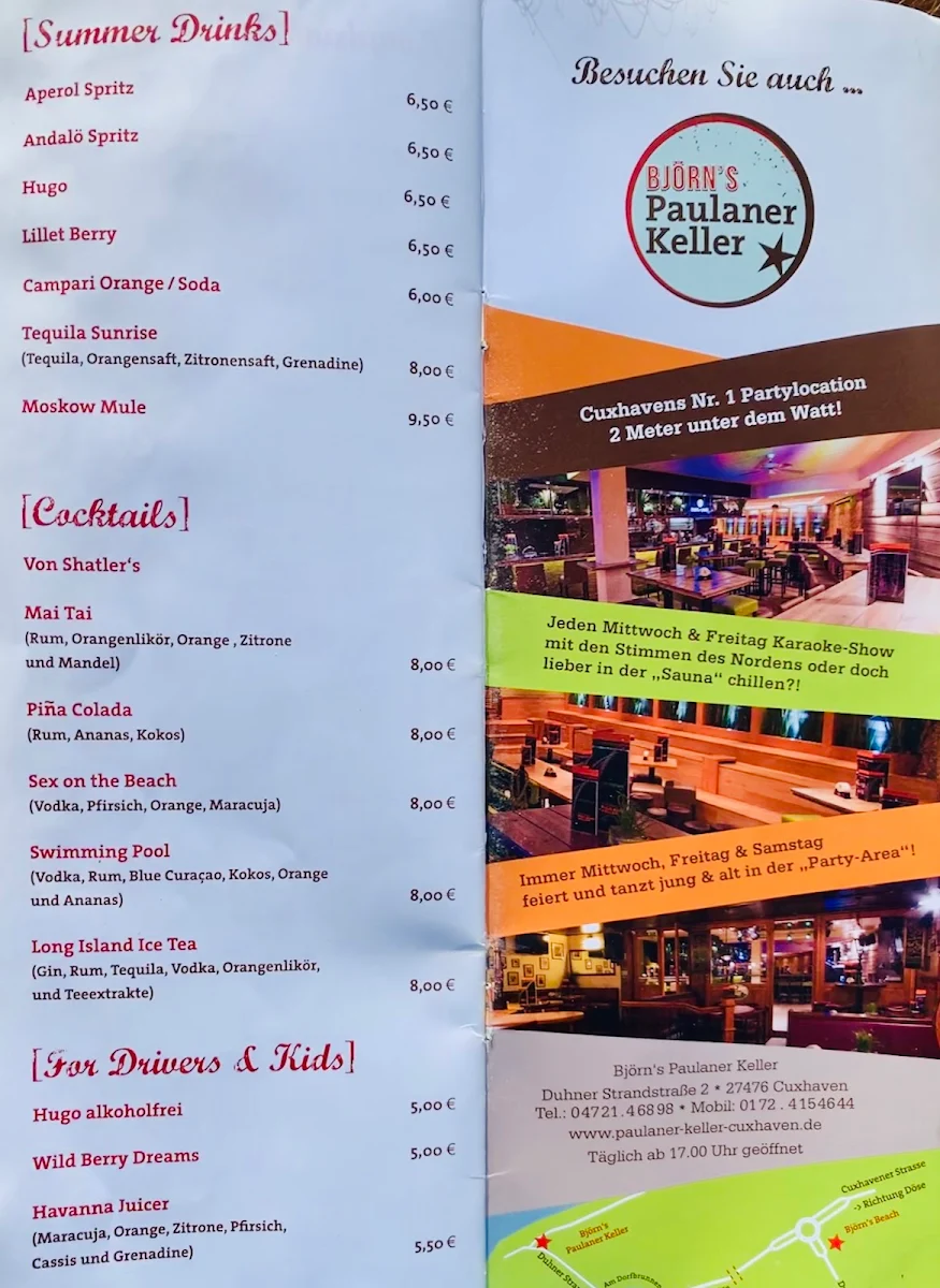 Speisekarte, Björn‘s Beach