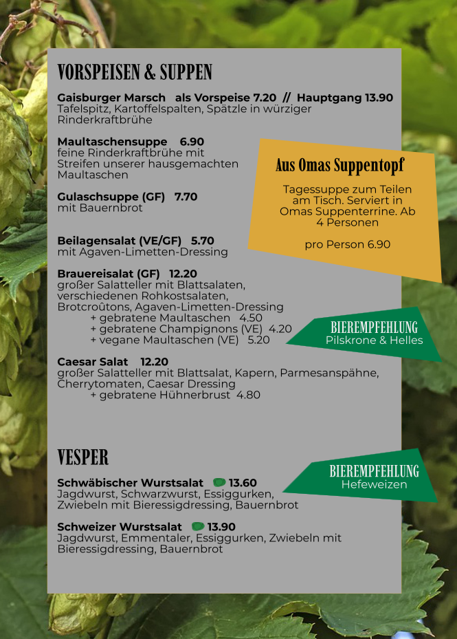 Speisekarte, Hochdorfer Brauhaus Krone