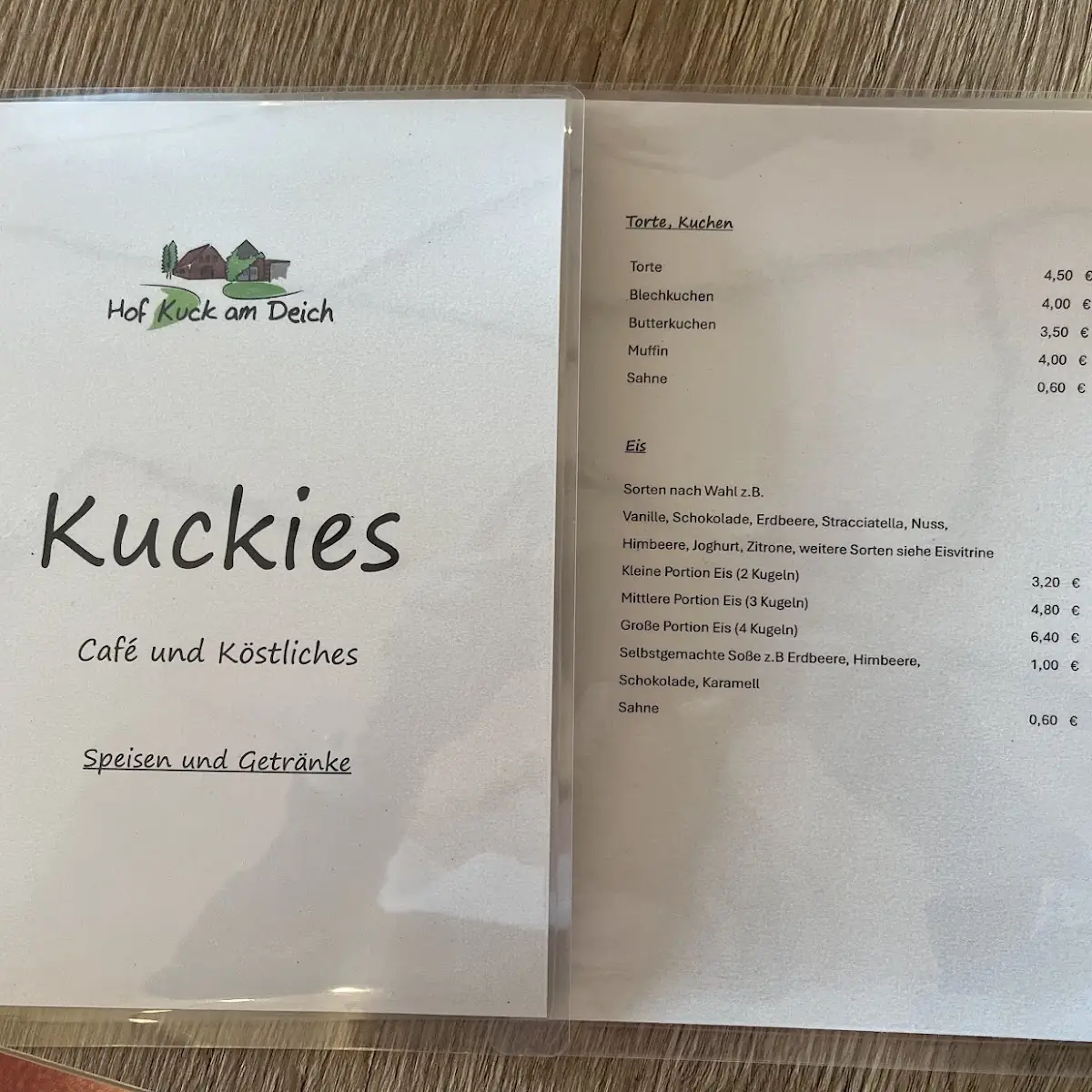 Speisekarte, Café Kuckies / Hof Kuck am Deich Ferienwohnungen