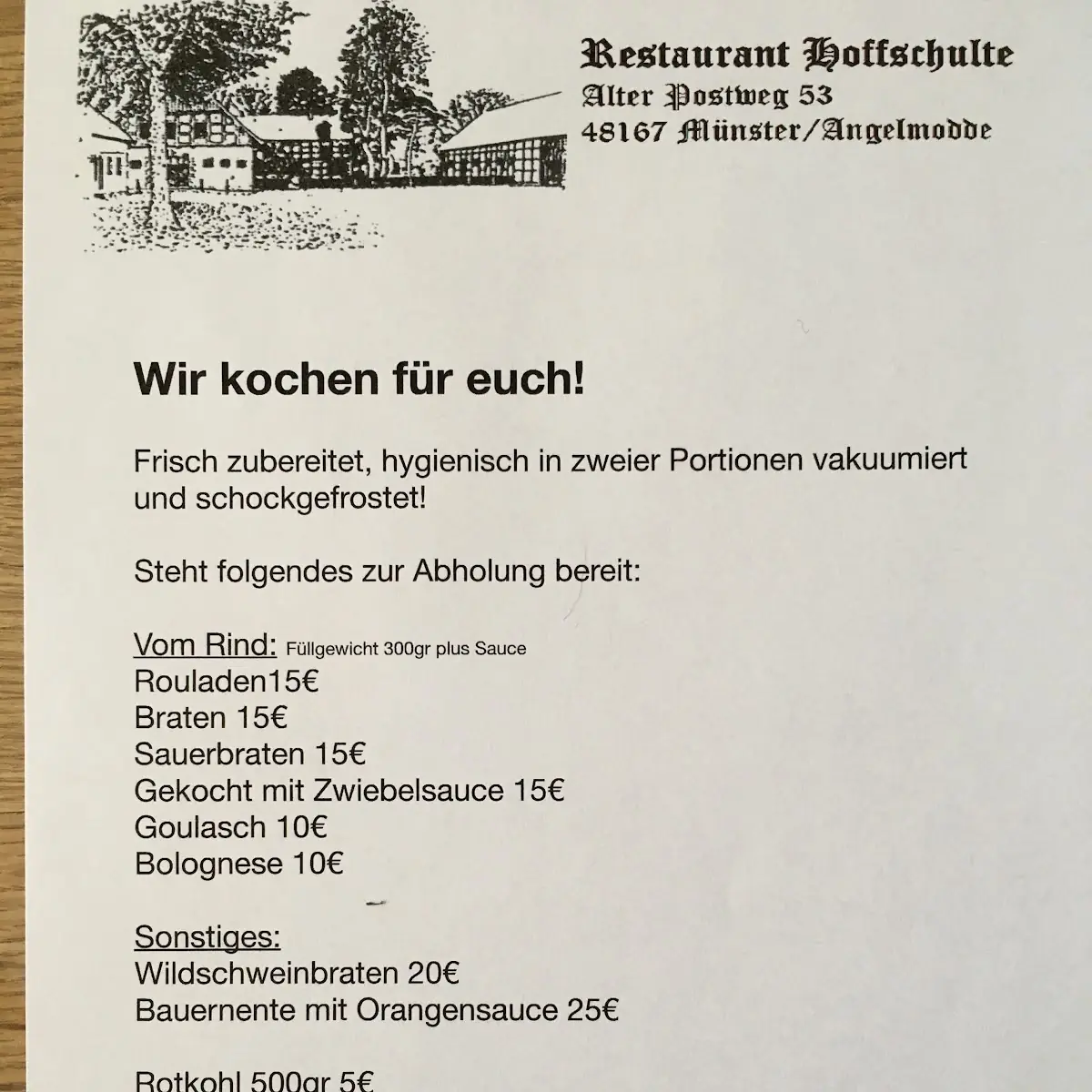 Speisekarte, Restaurant Hoffschulte