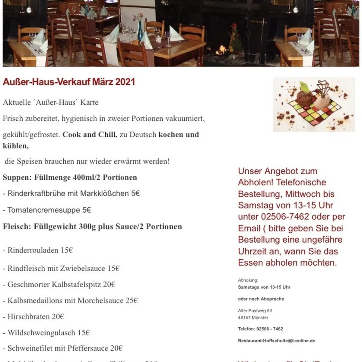Speisekarte, Restaurant Hoffschulte