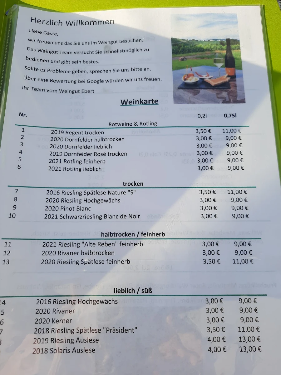 Speisekarte, Weingut Ebert GbR
