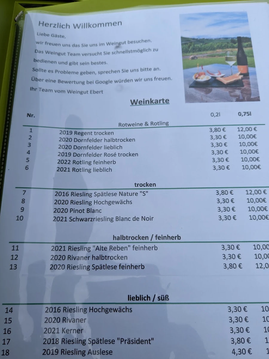 Speisekarte, Weingut Ebert GbR