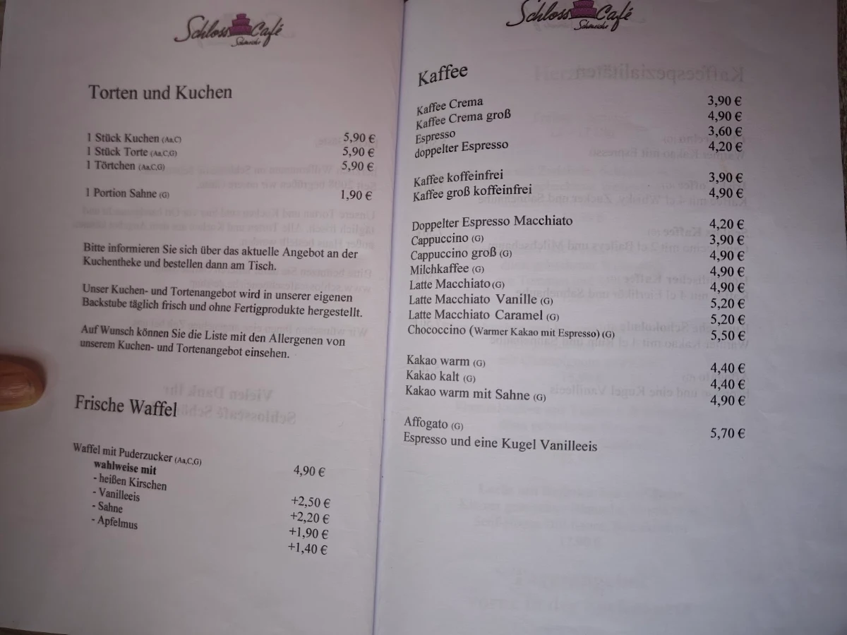Speisekarte, Schlosscafé Schöneiche