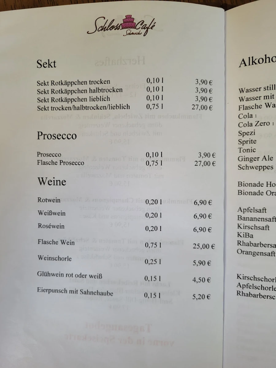 Speisekarte, Schlosscafé Schöneiche