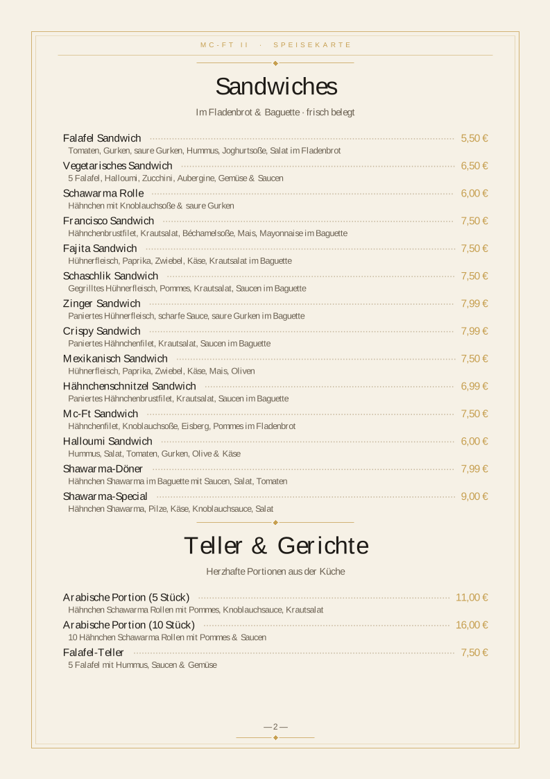 Speisekarte, Milan Gastro