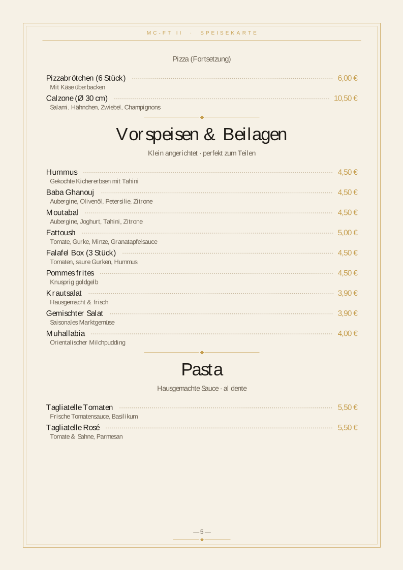 Speisekarte, Milan Gastro