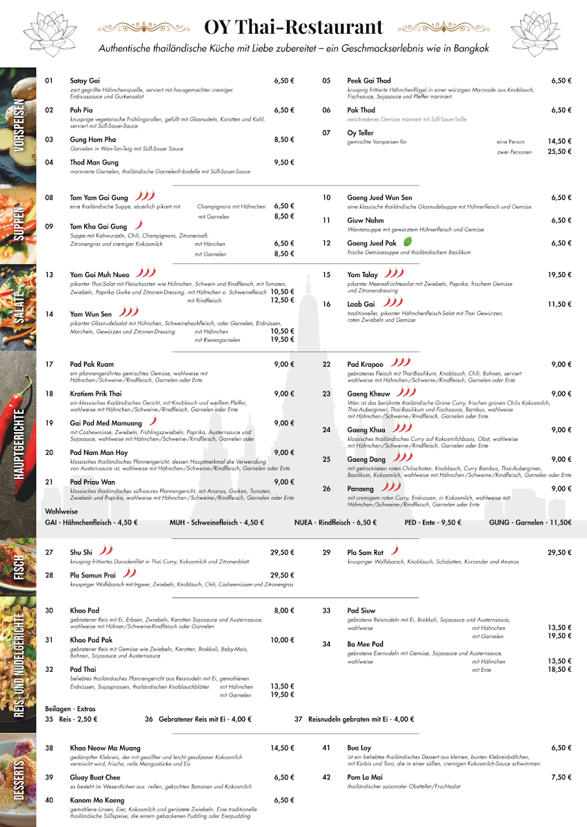 Speisekarte, Oy Thai-Restaurant