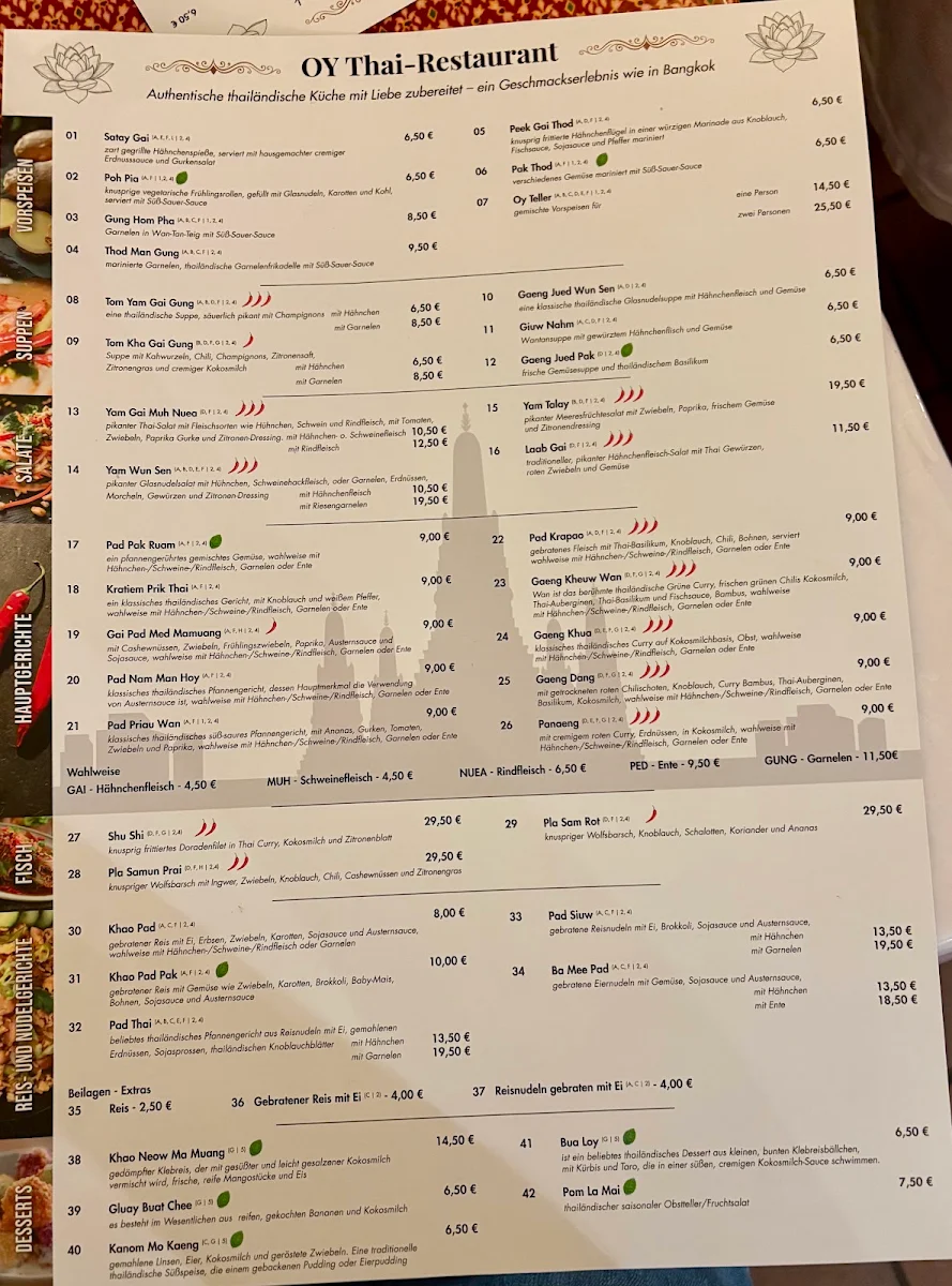 Speisekarte, Oy Thai-Restaurant
