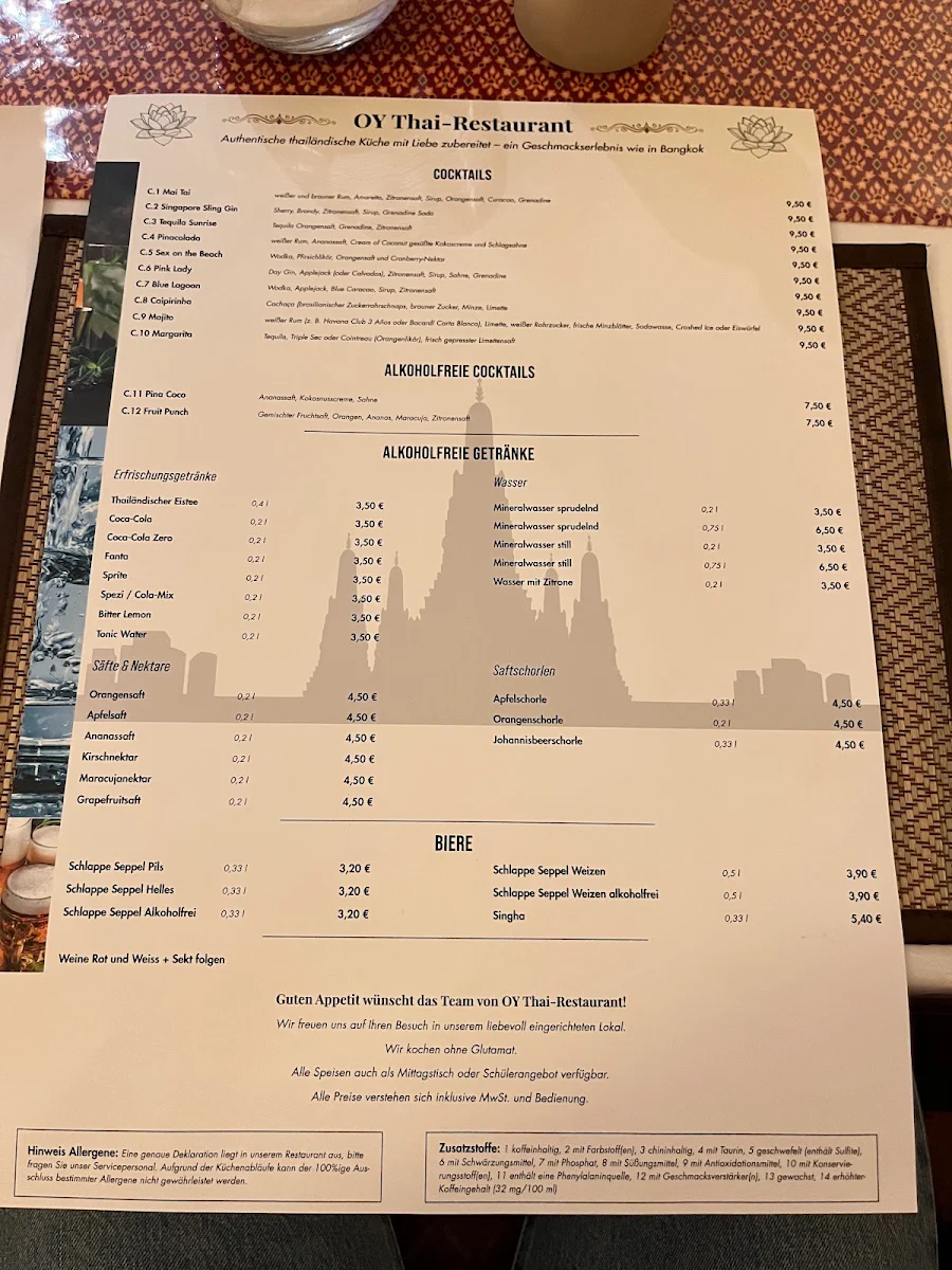 Speisekarte, Oy Thai-Restaurant