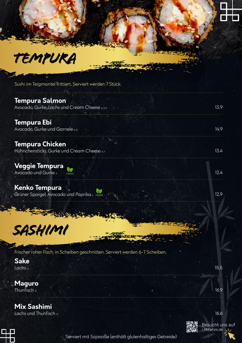 Speisekarte, MiKenzo Japan Sushi, Vietnamese & Laos