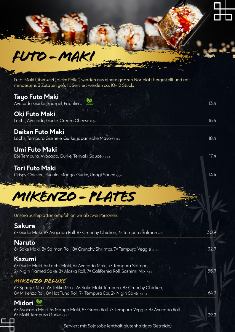 Speisekarte, MiKenzo Japan Sushi, Vietnamese & Laos