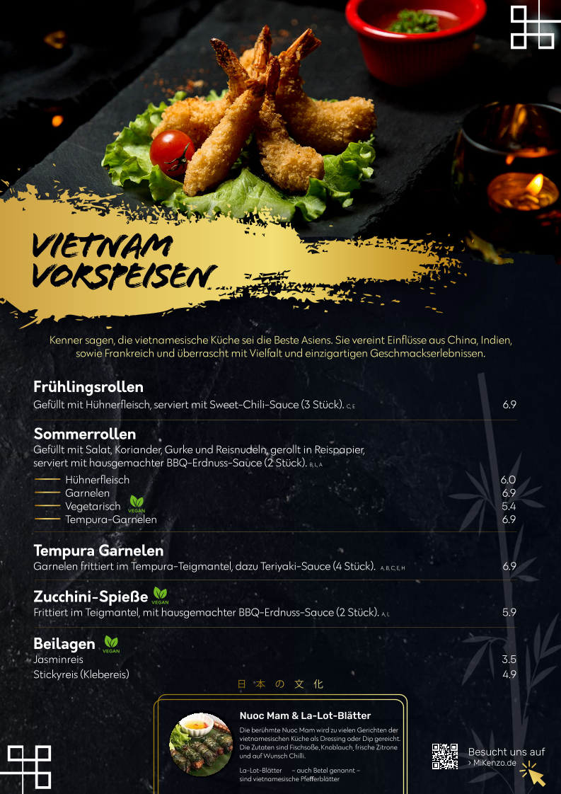 Speisekarte, MiKenzo Japan Sushi, Vietnamese & Laos