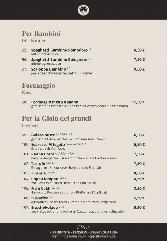 Speisekarte, Ristorante Il Castello