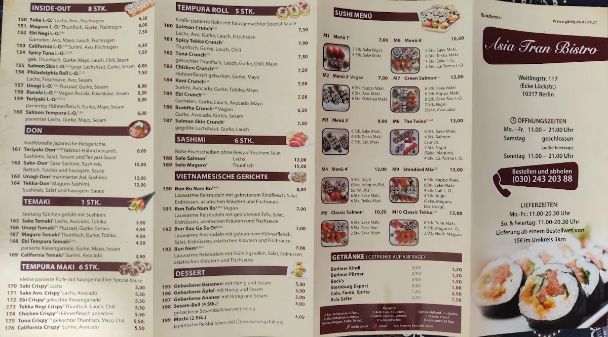 Speisekarte, Asia Tran Bistro
