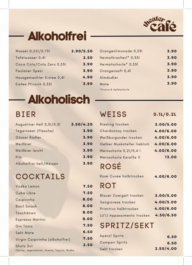 Speisekarte, Theatercafé