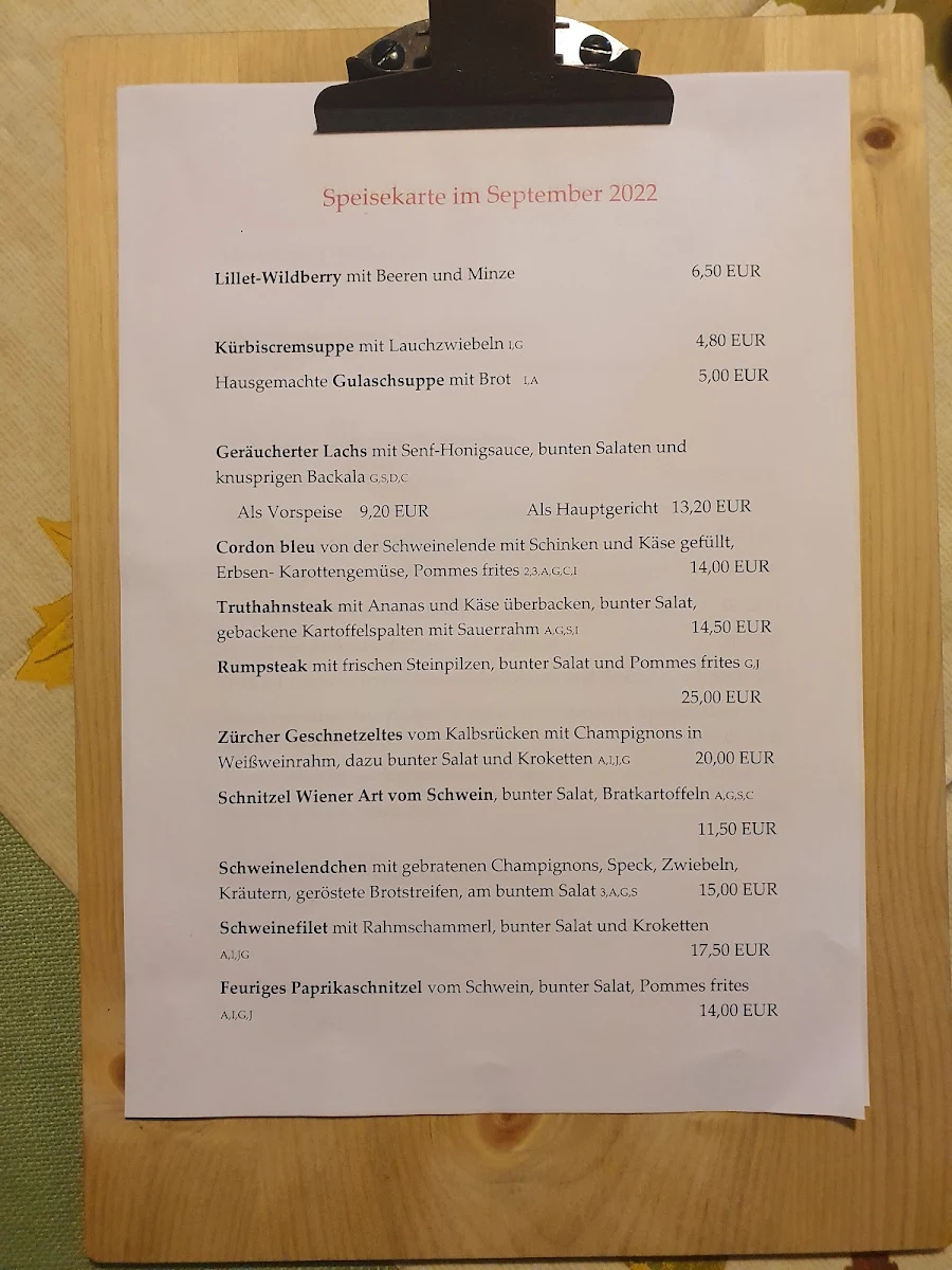 Speisekarte, Gasthof Stricker