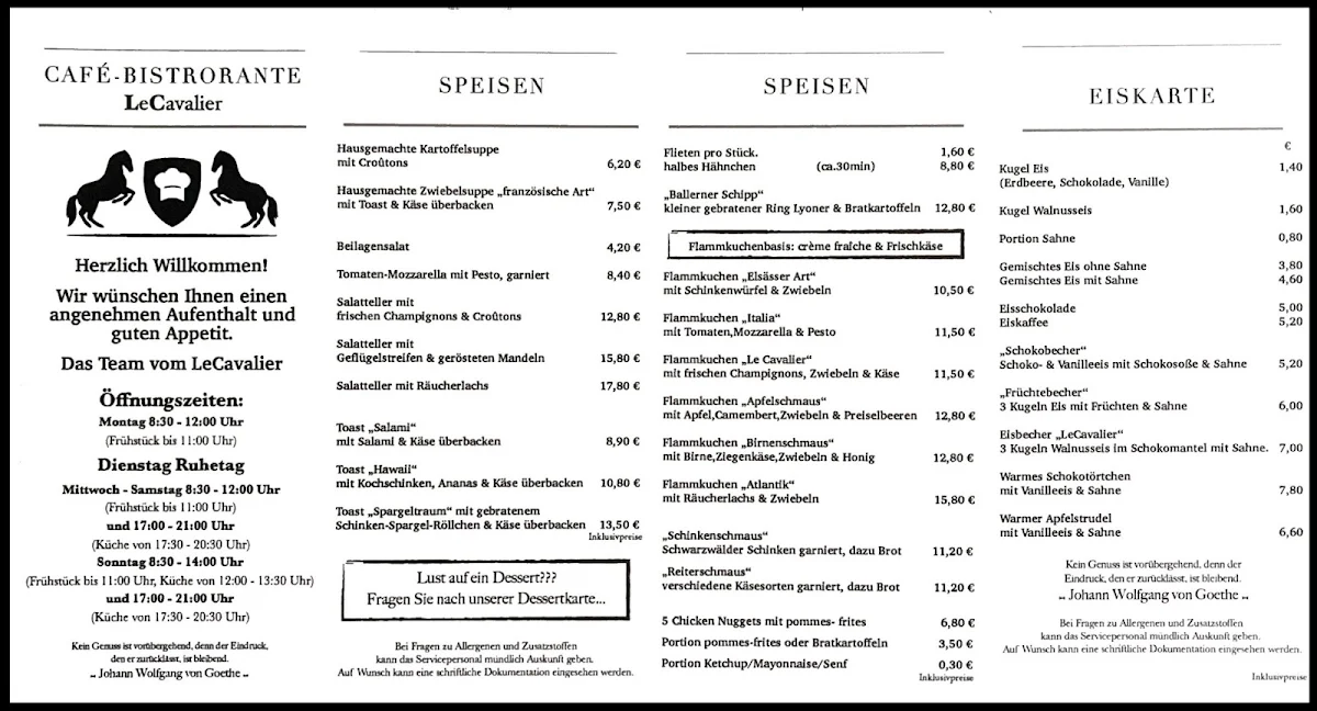 Speisekarte, LeCavalier Café Bistrorante