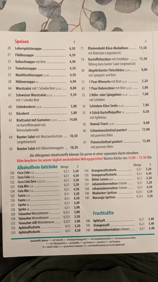 Speisekarte, Schubert's Cafe