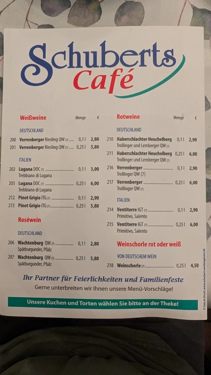 Speisekarte, Schubert's Cafe