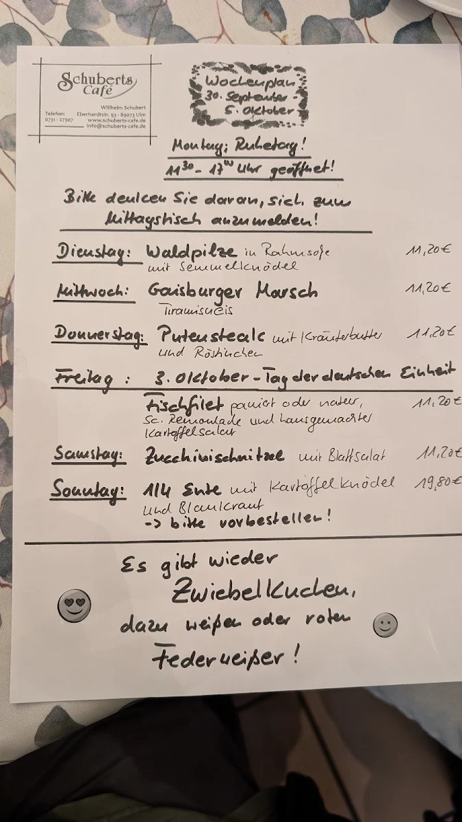 Speisekarte, Schubert's Cafe