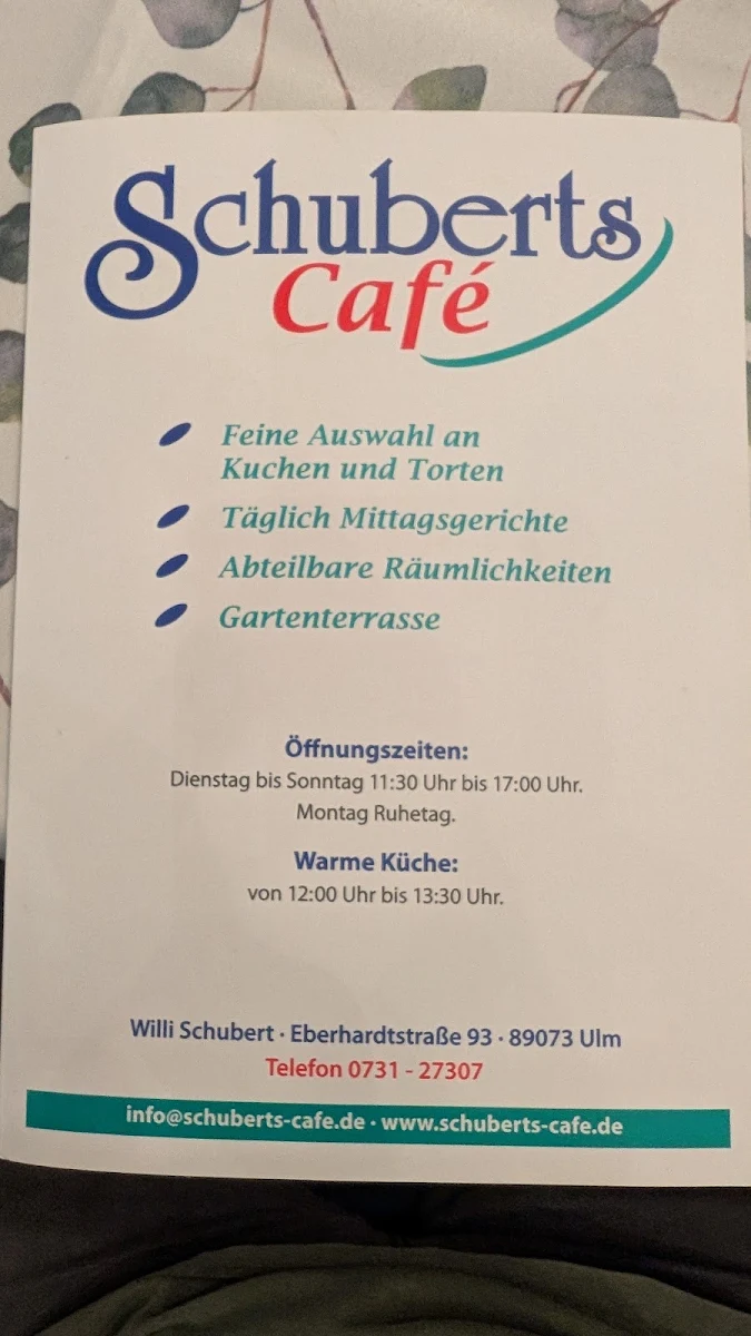Speisekarte, Schubert's Cafe