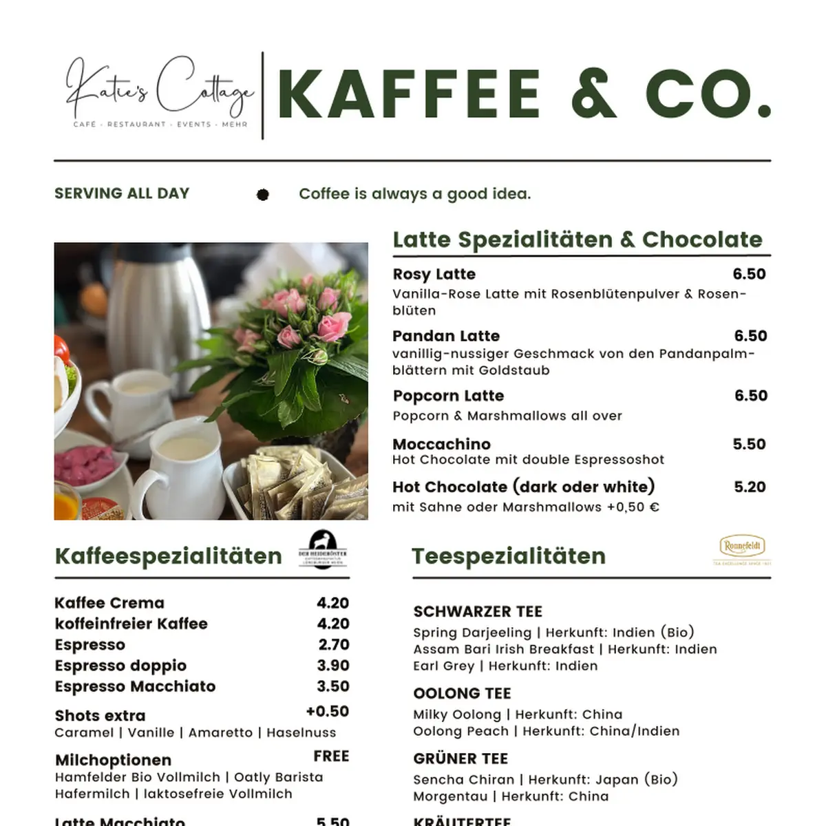 Speisekarte, Katie's Cottage Restaurant Café & mehr
