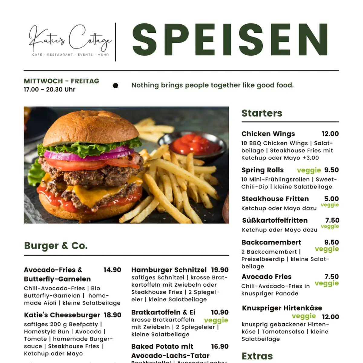 Speisekarte, Katie's Cottage Restaurant Café & mehr