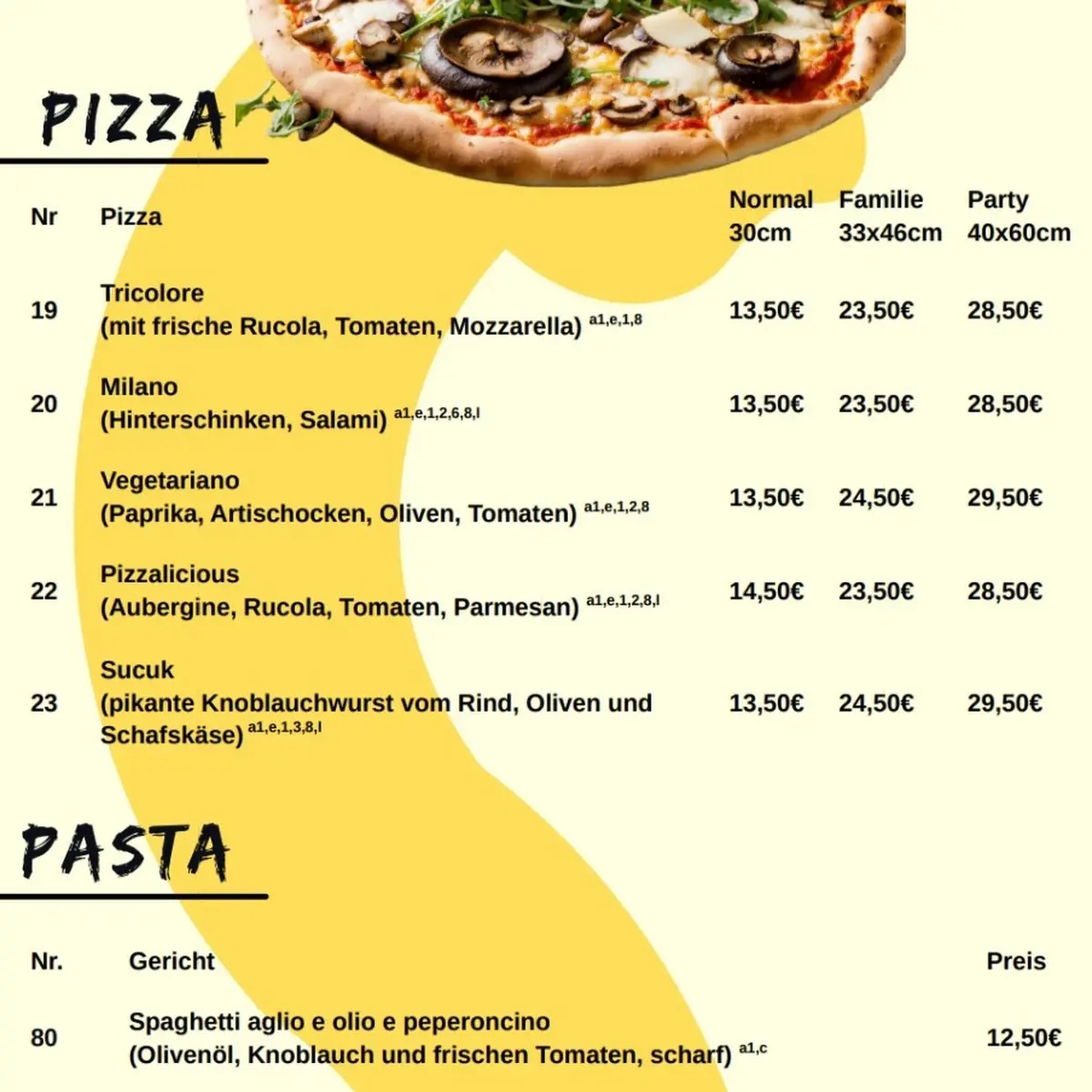 Speisekarte, Pizzalicious